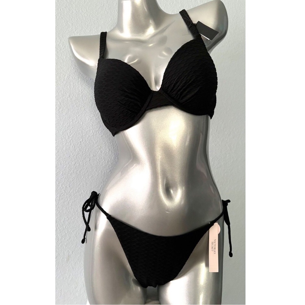 Victoria's Secret Swim Nwt Bikini Set Black Textured Top Side Tie Cheeky 36C / L